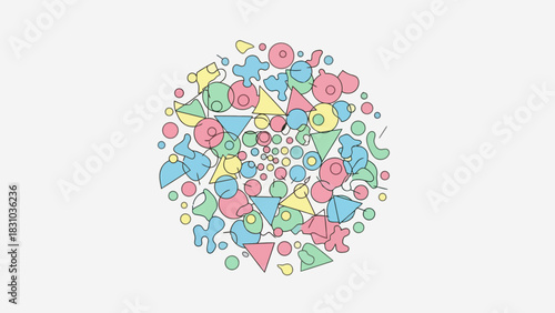 Abstract circle filled with colorful amoebalike shapes and geometric figures