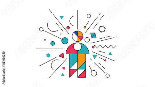 Abstract human figure with geometric shapes and lines radiating outwards