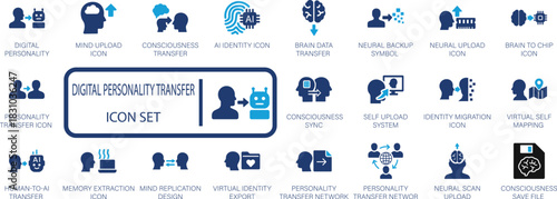 Digital Personality Transfer vector icon set. Ideal for AI, Metaverse, consciousness upload, brain data, identity migration, and virtual self concepts.