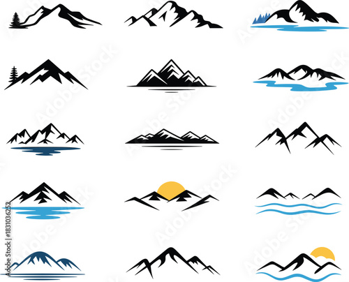 Collection of minimalist mountain logo designs featuring nature silhouettes, landscapes, peaks, and outdoor adventure symbols with modern clean vector style