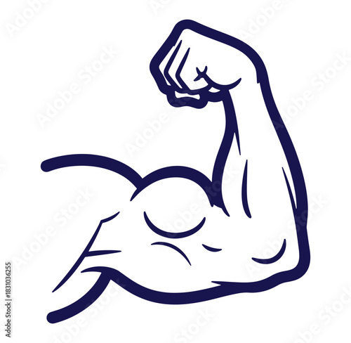Strong arm icon displaying muscle definition in a bold dark blue outline vector illustration