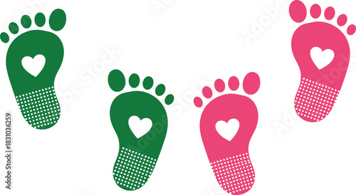 Cute baby footprint illustration set with heart shapes, green and pink foot prints, playful newborn design elements for nursery decor, kids graphics, and baby themes.