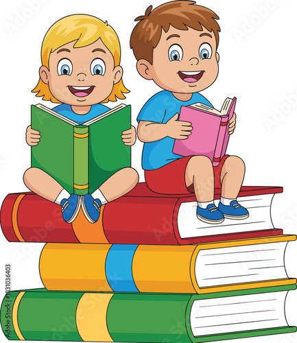 Happy children reading books while sitting on a tall stack of colorful textbooks in fun educational cartoon illustration for learning themes