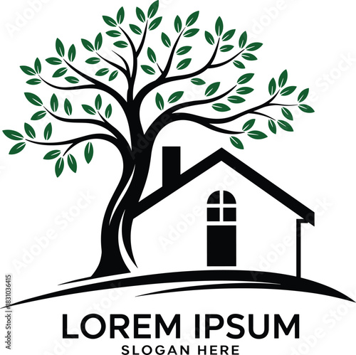 House and Tree Logo Design – Nature-Inspired Real Estate or Landscaping Concept with Elegant Greenery and Home Symbolism