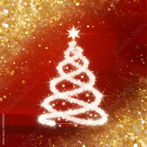 Glittery Christmas Tree, Festive Background, Sparkling Decorations, Holiday Season, Red and Gold Theme, Star Topper, Bokeh Lights