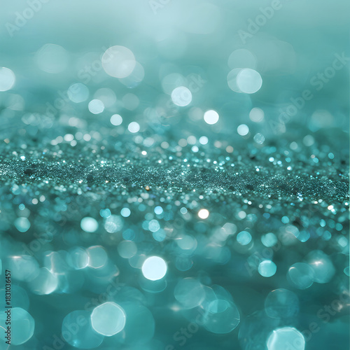 Glittery Teal Bokeh Background, Sparkling Glitter, Festive Design, Abstract Sparkle, Shimmering Effect