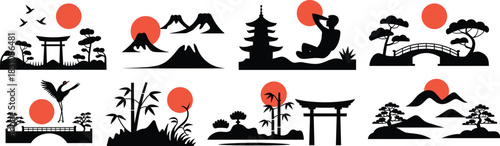 Minimalist Japanese Silhouette Art Featuring Torii Gates, Pagodas, Mountains, Bamboo, Cranes, and Zen Landscapes with Red Sun Backdrop