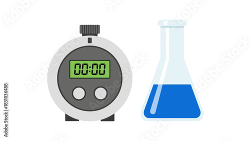 A stopwatch with a digital display showing 0000 next to a flask with blue liquid