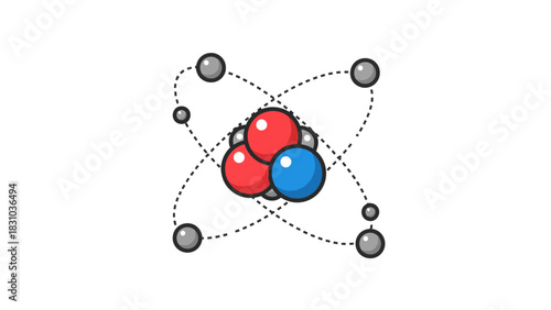 A stylized atom with a cluster of red and blue spheres at its center surrounded by orbiting gray spheres on dotted lines