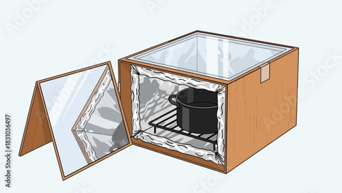 A solar cooker with an open reflector box and a pot inside