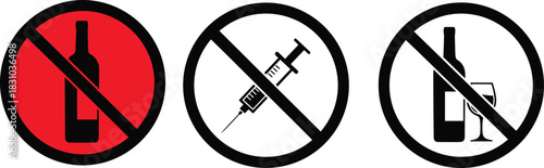 No Alcohol and Drug Use Symbols – Red Circle Prohibition Icons for Public Spaces, Events, Healthcare, and Safety Signage