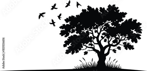 Silhouette tree with flying birds and grassy base on white background, perfect for nature art, design, or environmental themes