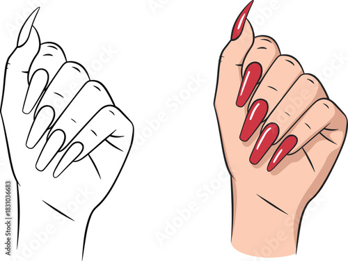 Stylized Hand Illustration with Long Red Nails – Black and White Sketch and Colored Version for Beauty and Nail Art Design