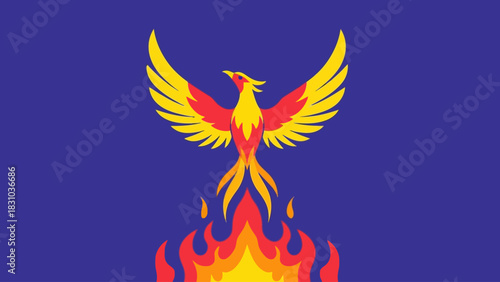 A stylized phoenix with outstretched wings rises from a bed of flames against a blue background