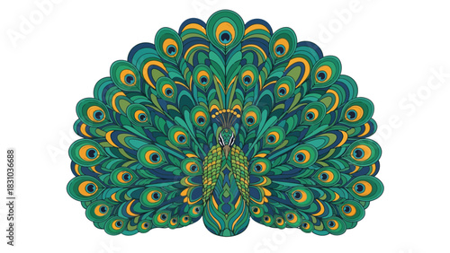 A stylized peacock with fanned out tail feathers in green and blue