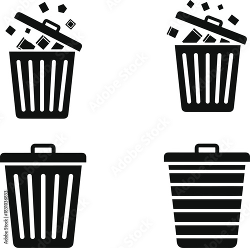 Black and White Trash Can Icons – Open and Closed Lid Variations for UI, Waste Management, and Minimalist Design Concepts