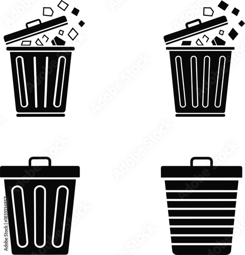 Black trash bin icon set featuring filled and empty garbage containers with lids, waste symbols, simple vector design for cleaning, disposal, and sanitation concepts.