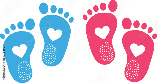 Blue and Pink Baby Footprint Icons with Heart – Gender Reveal, Birth Announcement, and Baby Shower Graphic Design Elements