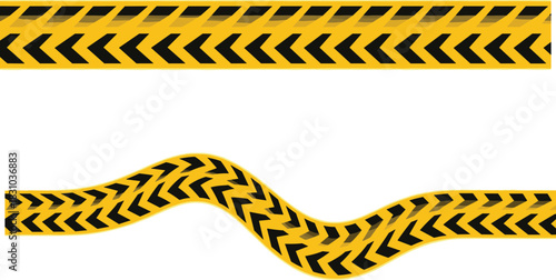 Bold yellow and black chevron caution tape illustration featuring straight and wavy hazard stripes, directional warning pattern design, safety barrier graphic for industrial and construction visuals.