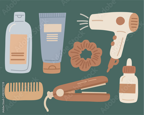 Hair Care Essentials in Hand-Drawn Style for Beauty Routine Set