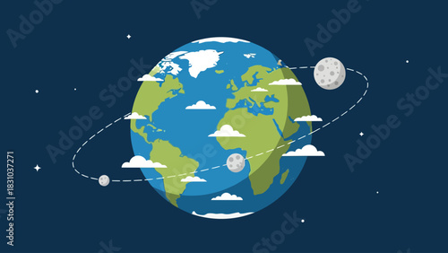 Earth and Moon in space with clouds and stars