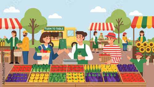 Outdoor market with vendors and customers buying produce