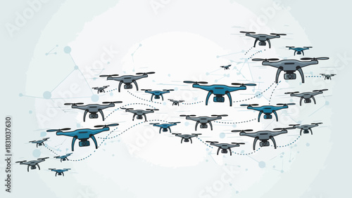 A swarm of drones connected by dotted lines against a pale blue background