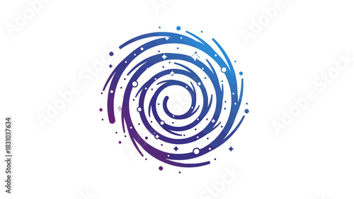 A swirling vortex of blue and purple lines with small dots and stars