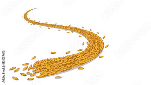 A swirling trail of golden wheat grains on a white background