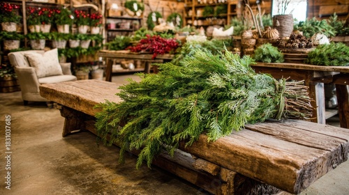 Fresh christmas tree being wrapped in mesh at rustic outdoor holiday market scene
