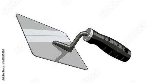 A trowel tool with a steel blade and black handle