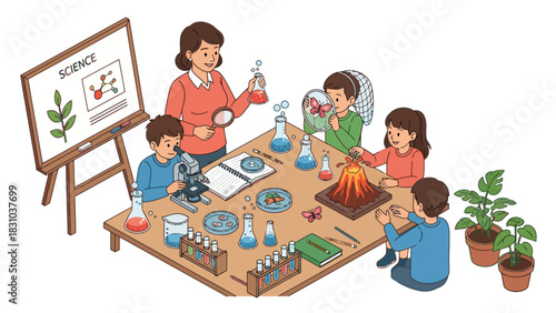 A teacher and students in a science class with experiments