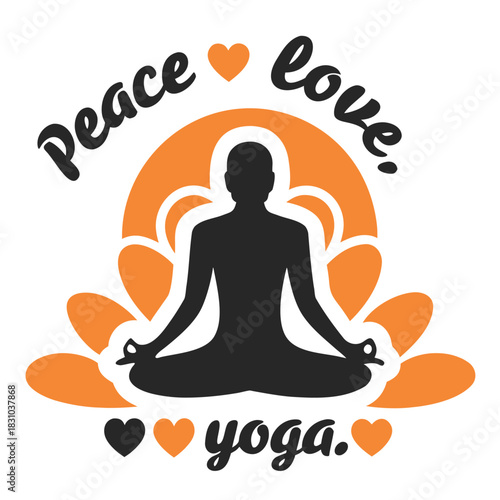 Silhouette figure meditates in lotus pose surrounded by peace, love, yoga, and hearts