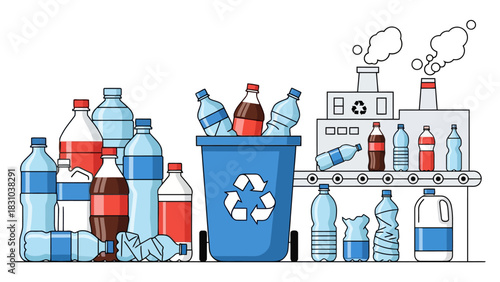 Plastic bottles collected in a blue bin and on a conveyor belt leading to a factory