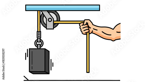 Pulley system lifting a heavy weight with a hand pulling a rope