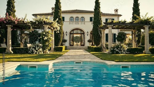 Luxurious italian villa with a swimming pool, manicured garden, climbing roses, and tall cypress trees under bright sunlight, evoking wealth and vacation