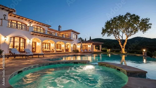 Luxury mediterranean style villa with illuminated swimming pool and jacuzzi at twilight with a large tree and dark forested hill in the background