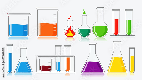 Various laboratory glassware with colorful liquids and flames