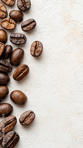 Close-up top view of roasted coffee beans scattered on a textured white surface, with copy space.
