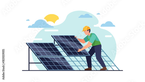 Worker installing solar panels under a sunny sky