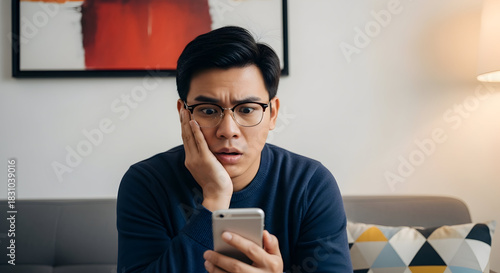 Concerned Asian Man Holding Phone Looks Stressed By Information News Text Message Online Reaction Sad Worried Shock Bad Communication Crisis Depression Disappointment