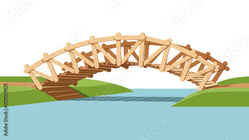 Wooden arched bridge over a blue river with green banks