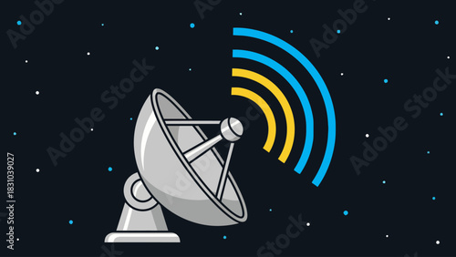 Satellite dish in space transmitting signals to the right