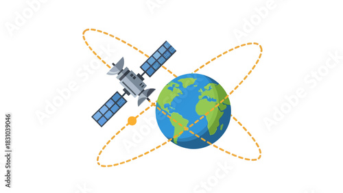 Satellite orbiting the Earth with dashed orbital paths