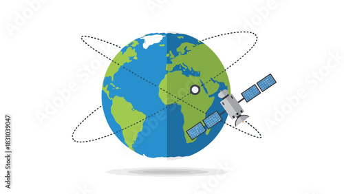 Satellite orbiting a stylized Earth with dotted orbit lines