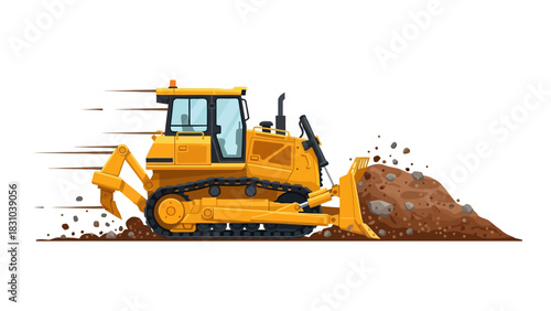 Yellow bulldozer pushing dirt and rocks