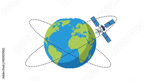 Satellite orbits Earth with dashed lines on white background