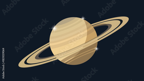 Saturn with rings and three sparkling stars on a dark blue background