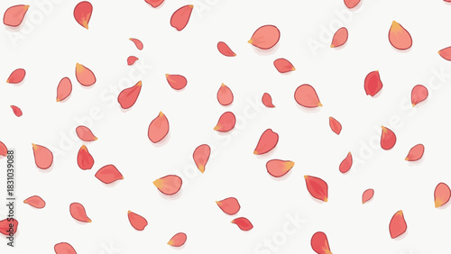 Scattered pink flower petals with yellow tips on a white background