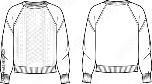 Cozy cable knit sweater fashion sketch, detailed flat CAD drawing of front and back views, vector illustration for apparel design, technical template